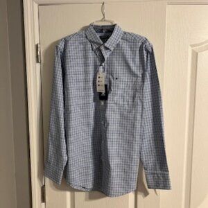 Izod Men's Collared Button Down Long Sleeve Shirt Blue White Checker Medium